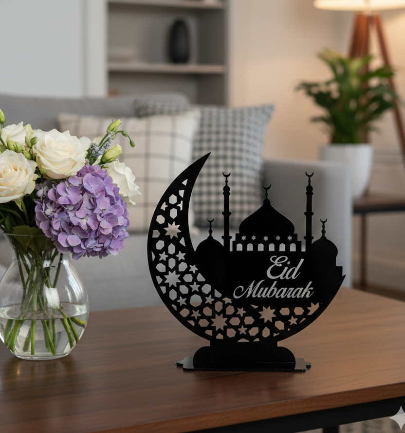 Eid Mubarak Crescent Moon Table Decor with Arabic Calligraphy Islamic Ramadan Eid al-Fitr Festive