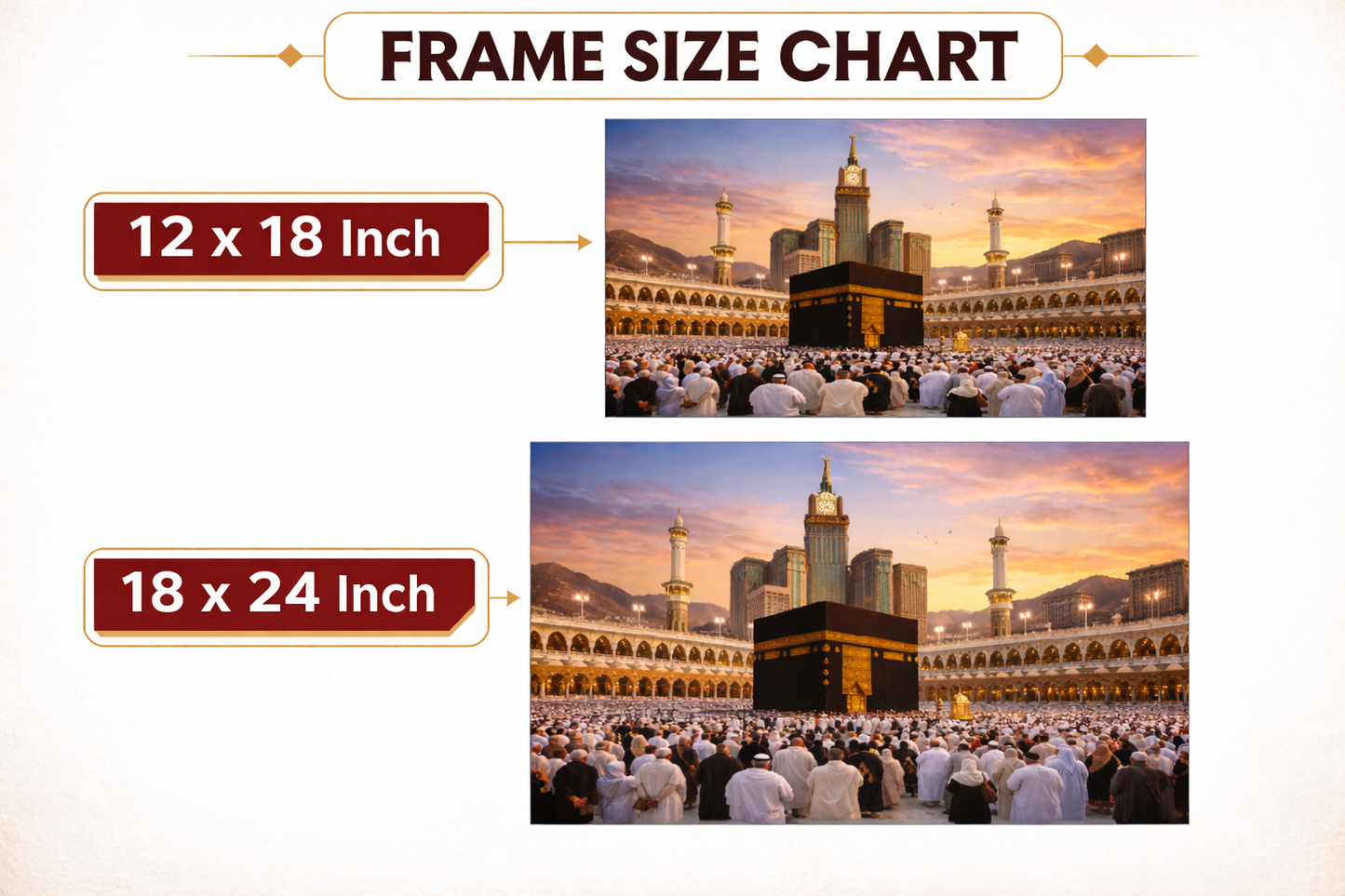 Frame size chart showing 12x18 inch and 18x24 inch dimensions with images of a religious site.