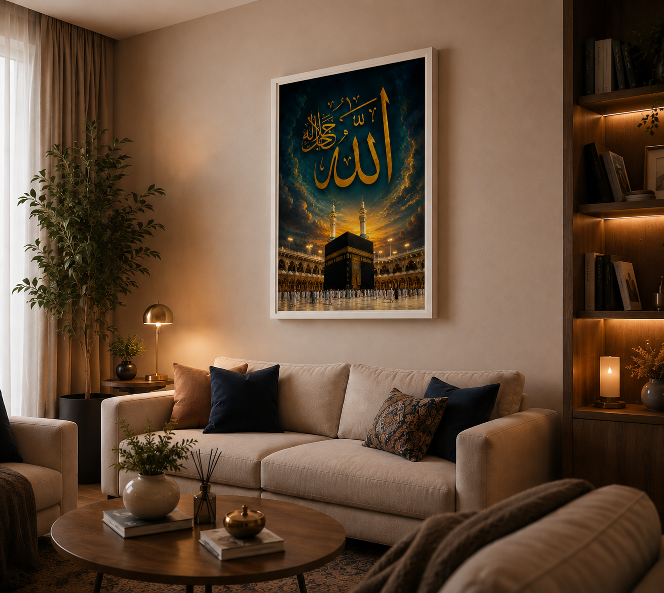 Living room with a framed picture of the Kaaba on the wall