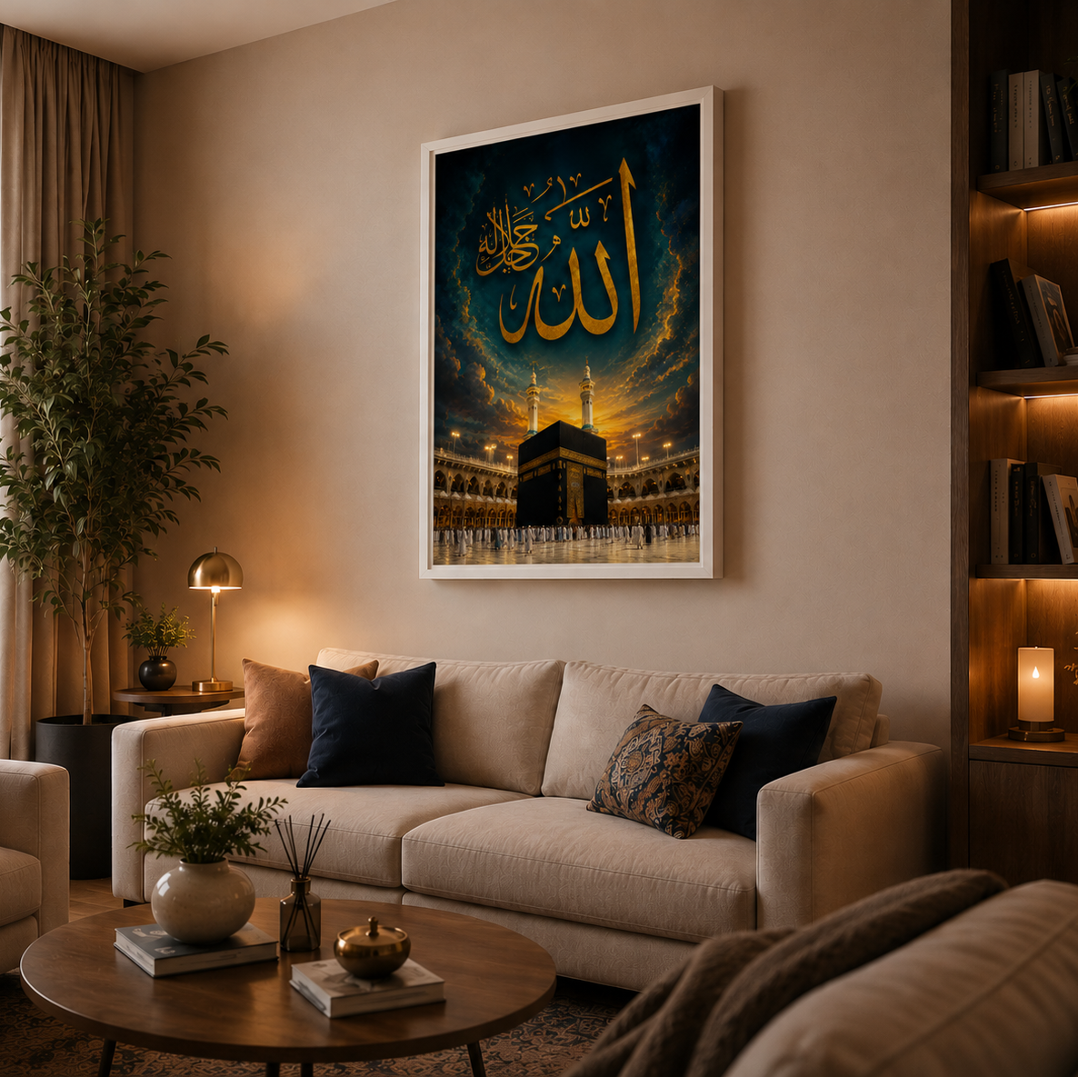 Living room with a framed picture of the Kaaba on the wall