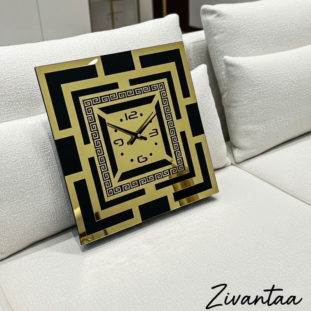 Decorative wall clock with geometric design on a white surface, brand 'Zivantaa' visible