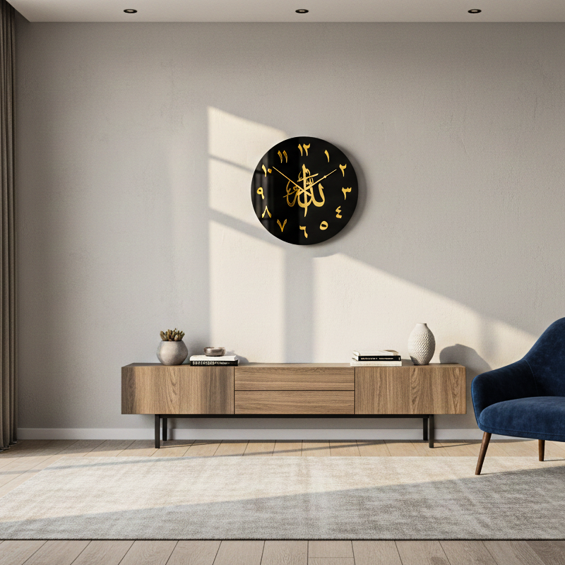 Modern living room with a wooden sideboard and decorative clock on the wall.