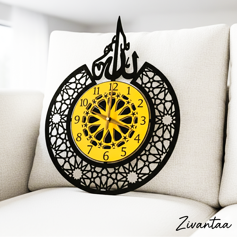 Decorative wall clock with intricate design on a white pillow, brand 'Zivantaa' visible