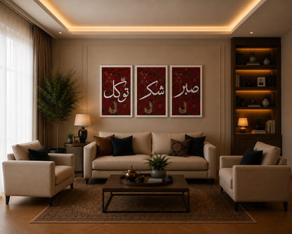 Modern living room with beige sofa, armchairs, and decorative wall art.