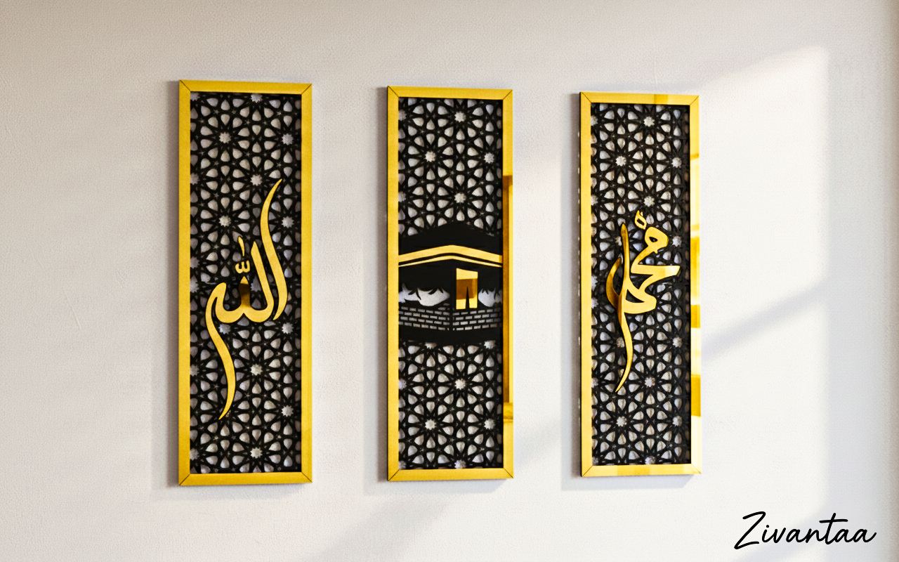 Three vertical wall art pieces with black and gold designs on a light gray wall, featuring the brand 'Zivantaa'.