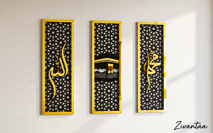 Three vertical wall art pieces with black and gold designs on a light gray wall, featuring the brand 'Zivantaa'.