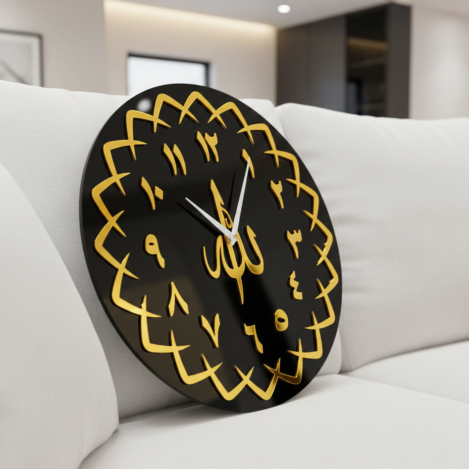 Decorative wall clock with gold Arabic numerals on a white sofa