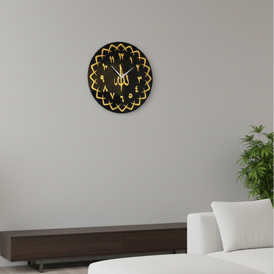 Decorative wall clock with Arabic calligraphy on a gray wall above a bed.