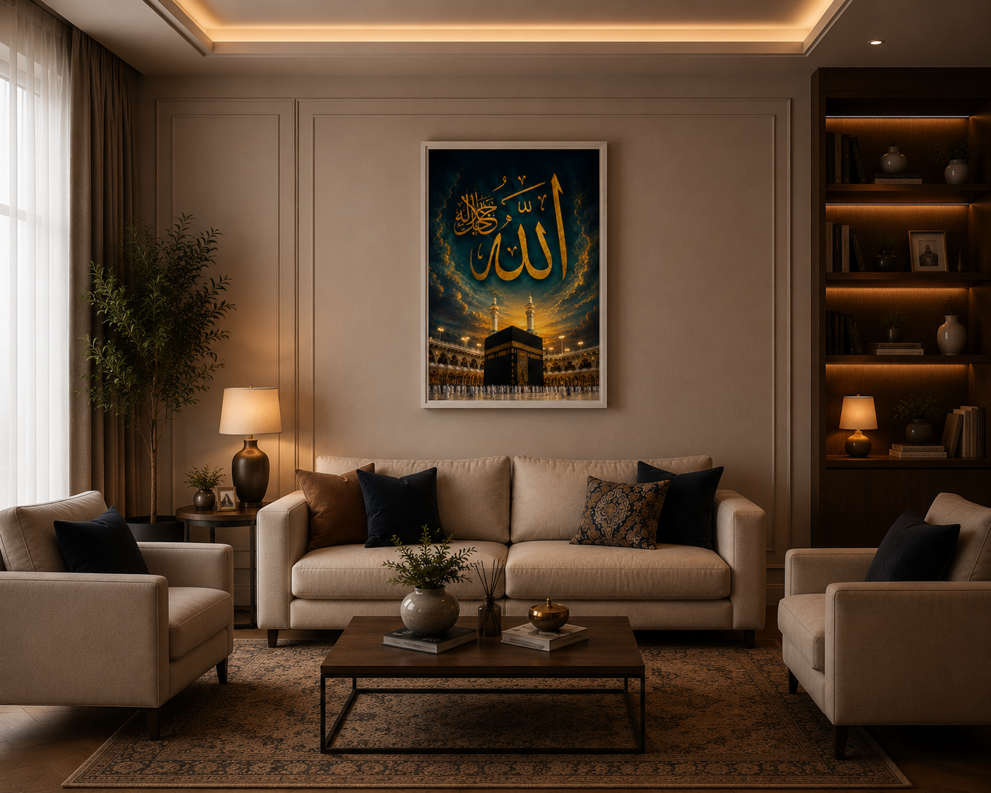 Modern living room with beige sofa, decorative pillows, and a large framed artwork on the wall.
