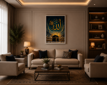 Modern living room with beige sofa, decorative pillows, and a large framed artwork on the wall.