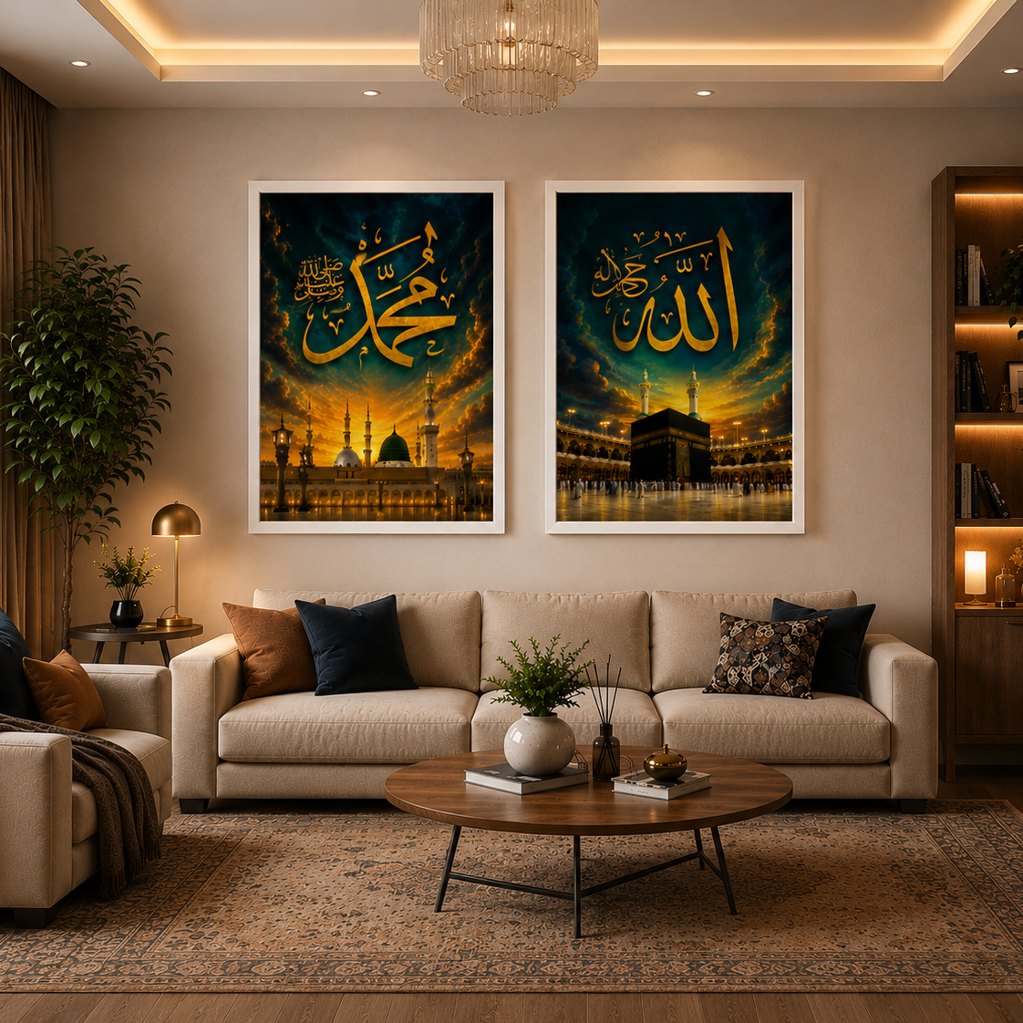 Allah & Muhammad Golden Calligraphy Wall Art – Set of 2 | Premium Islamic Decor