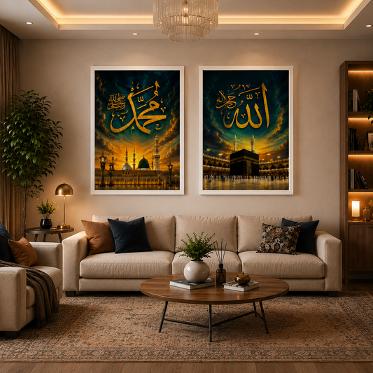Allah & Muhammad Golden Calligraphy Wall Art – Set of 2 | Premium Islamic Decor