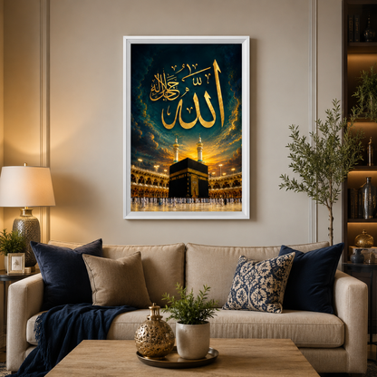 Decorative living room with a framed artwork of the Kaaba, pillows on a sofa, and a lamp.