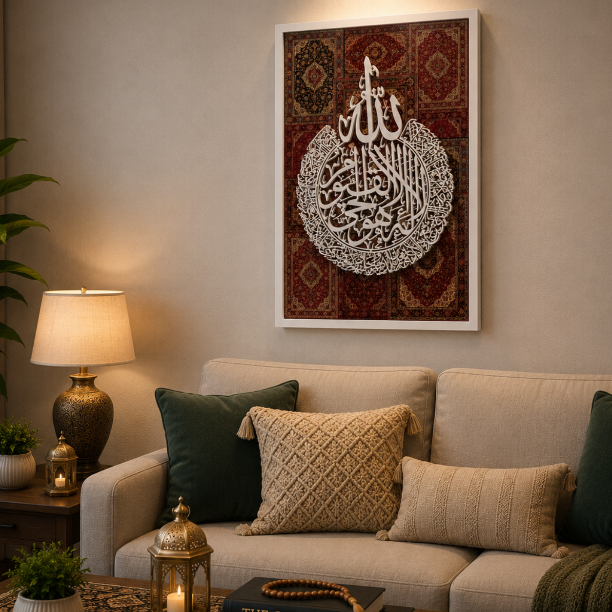 A framed wall art print featuring white Arabic calligraphy over a red and brown patterned rug design, displayed above a beige sofa in a styled living room setting.