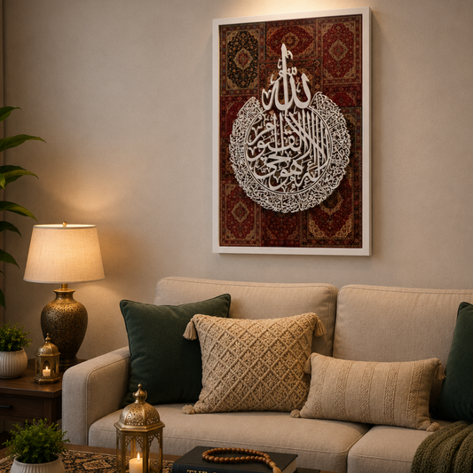 A framed wall art print featuring white Arabic calligraphy over a red and brown patterned rug design, displayed above a beige sofa in a styled living room setting.