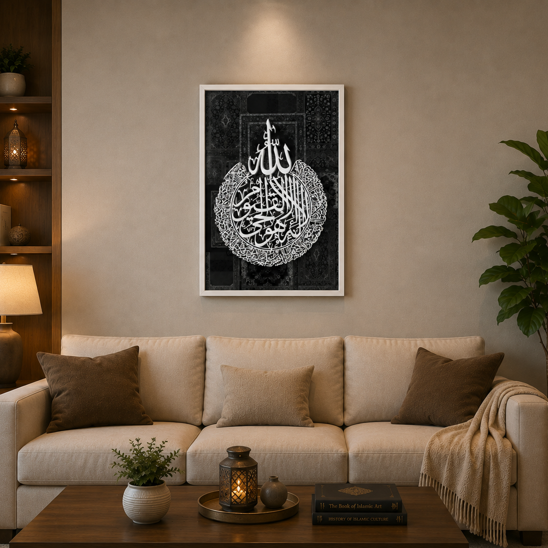 A framed black and white Islamic calligraphy wall art print hangs on a beige wall above a cream-colored sofa in a modern, cozy living room setting.