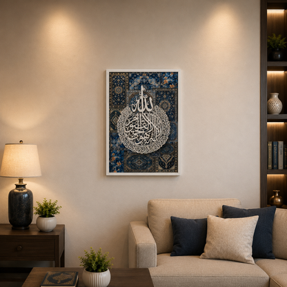 Ayatul Kursi 3D Acrylic Wall Art – Blue Persian – White Frame