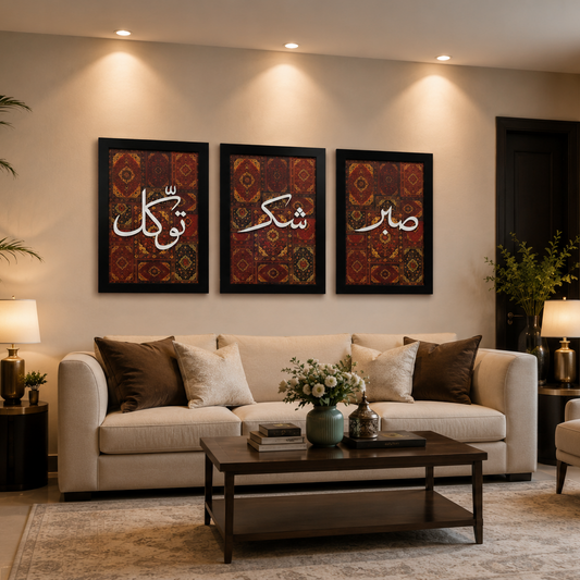 Living room with beige sofa, decorative pillows, and wall art.