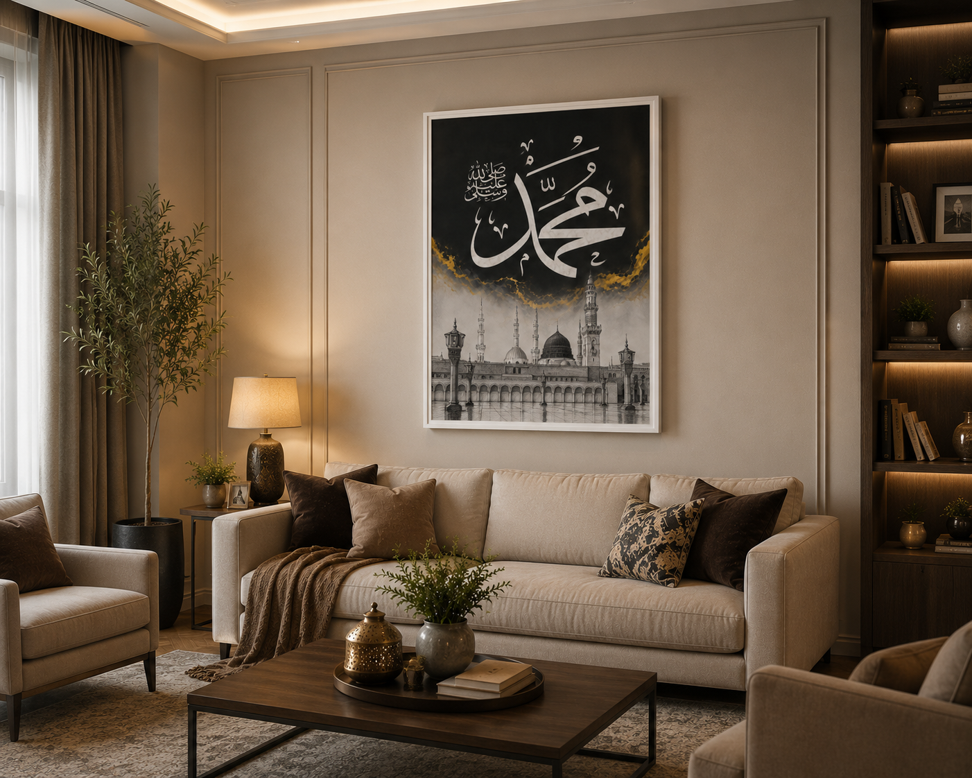 Muhammad ﷺ | Masjid Nabawi Black & Gold Framed Wall Art | Islamic Calligraphy Print