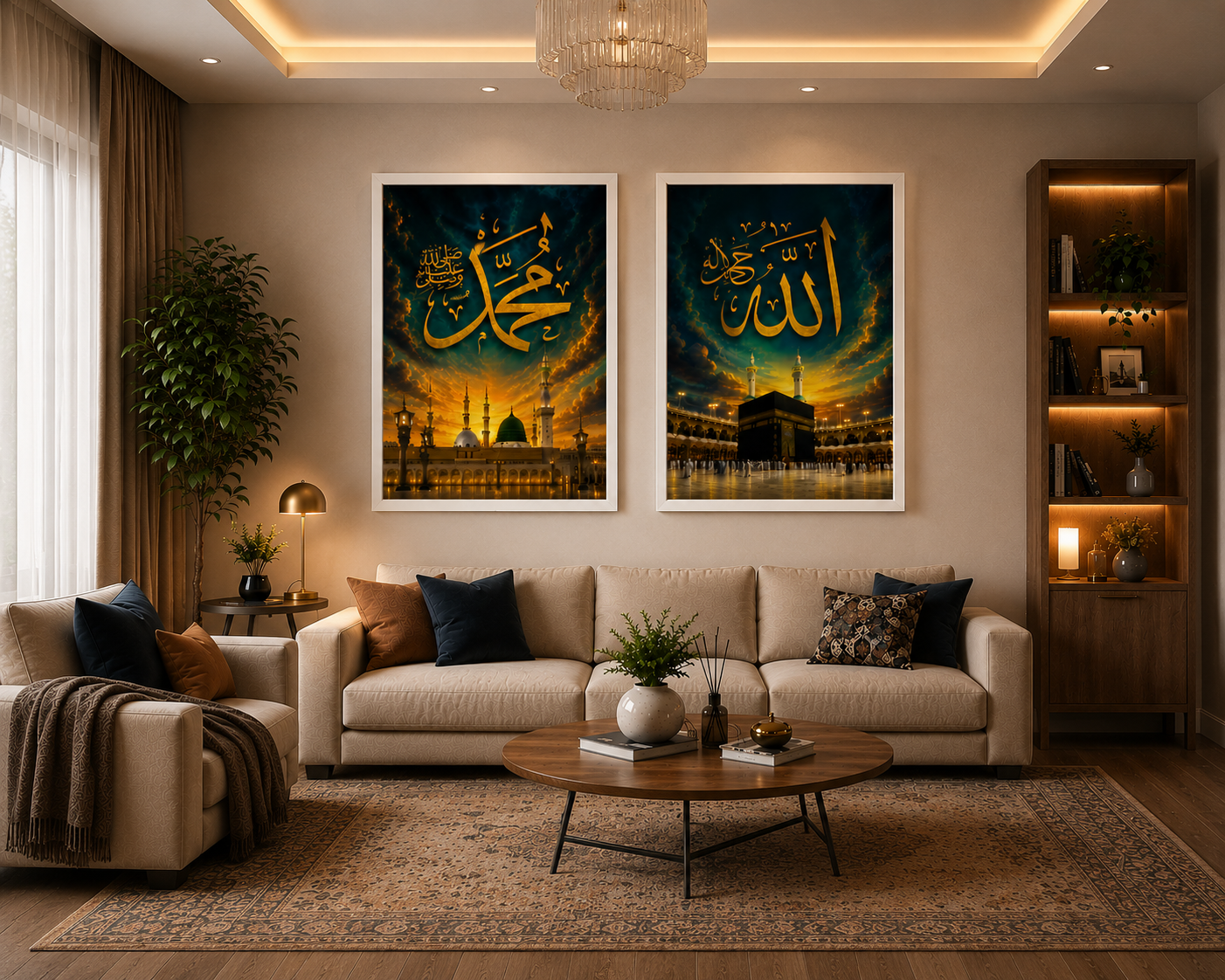 Living room with two framed artworks on the wall, a beige sofa, and decorative items.