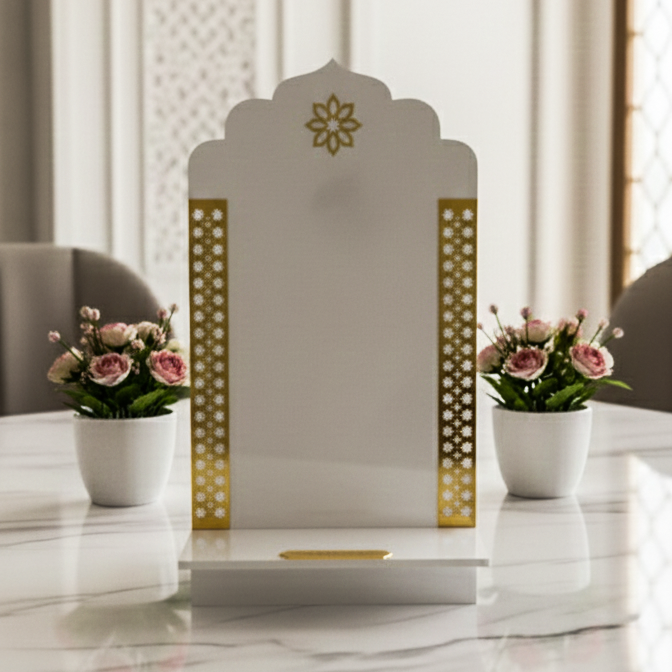 Decorative screen with floral pots on a marble surface