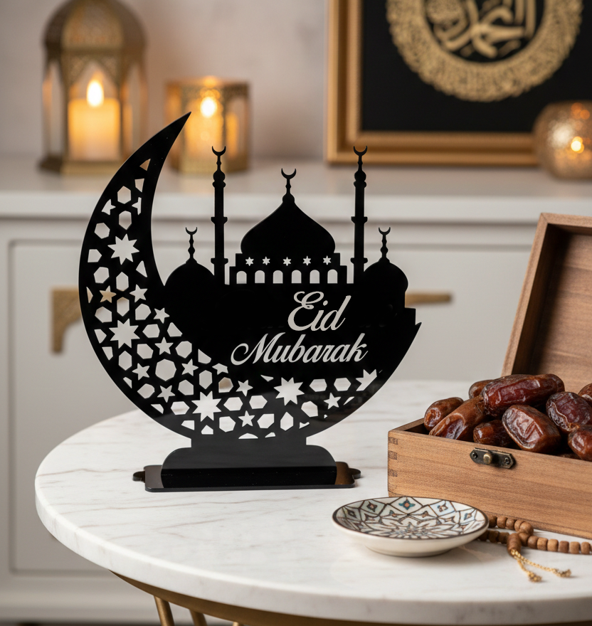Eid Mubarak Crescent Moon Table Decor with Arabic Calligraphy Islamic Ramadan Eid al-Fitr Festive