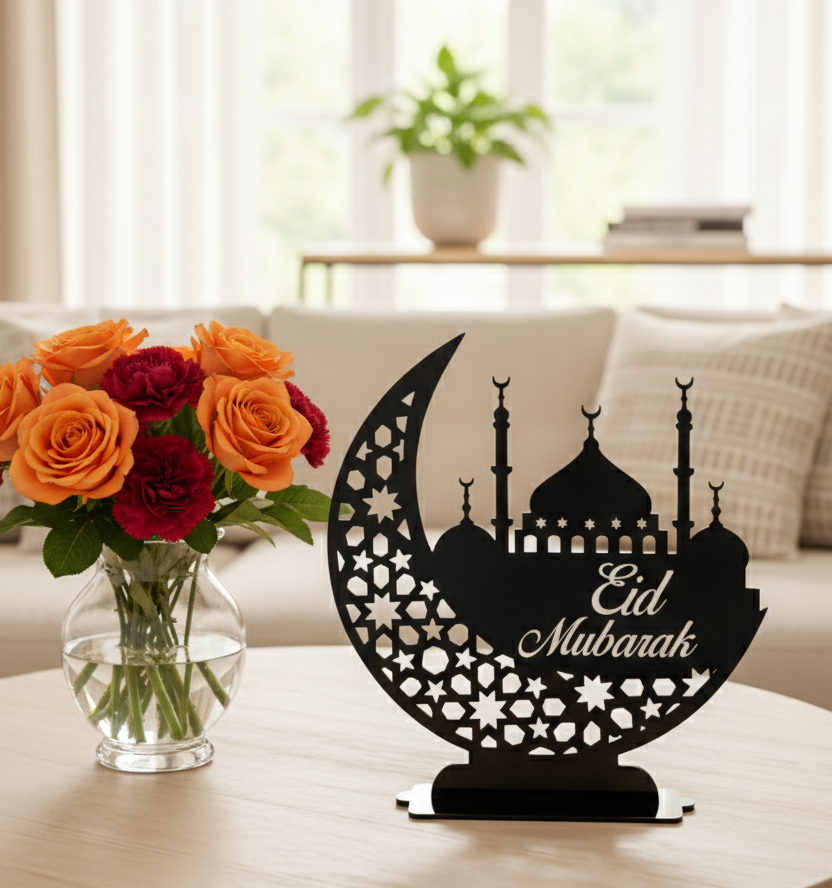 Eid Mubarak Crescent Moon Table Decor with Arabic Calligraphy Islamic Ramadan Eid al-Fitr Festive