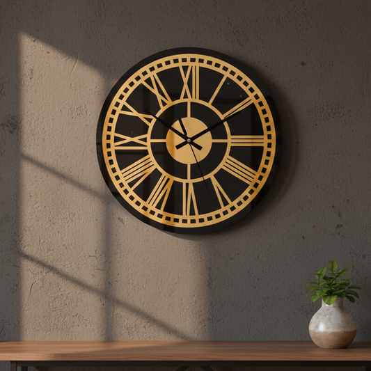 Decorative wall clock with gold and black design a wall.