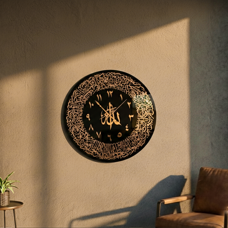 Decorative wall clock with intricate design on a beige wall, next to a brown chair and small table with a plant.