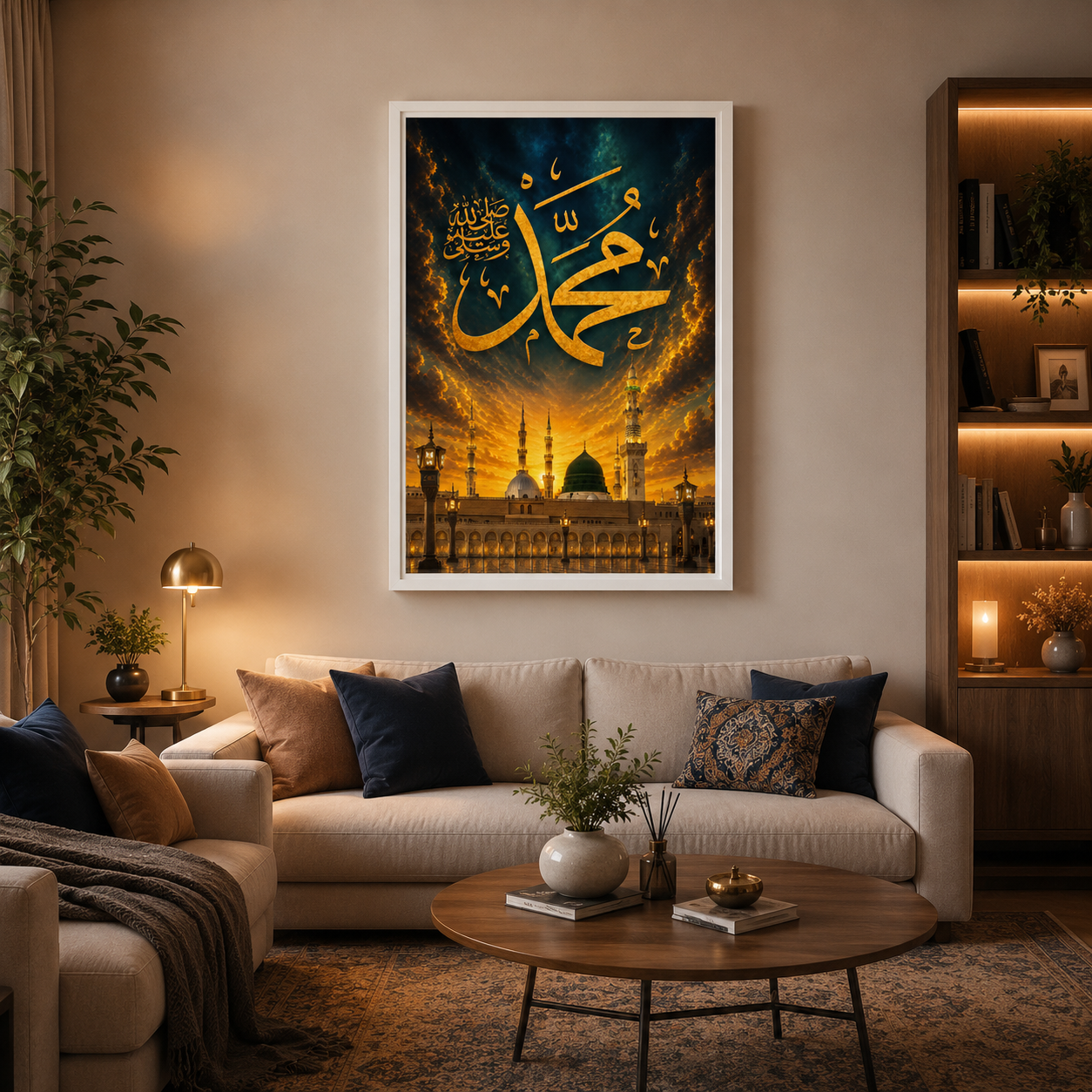 Living room with a couch, coffee table, and wall art featuring Arabic calligraphy and a mosque.