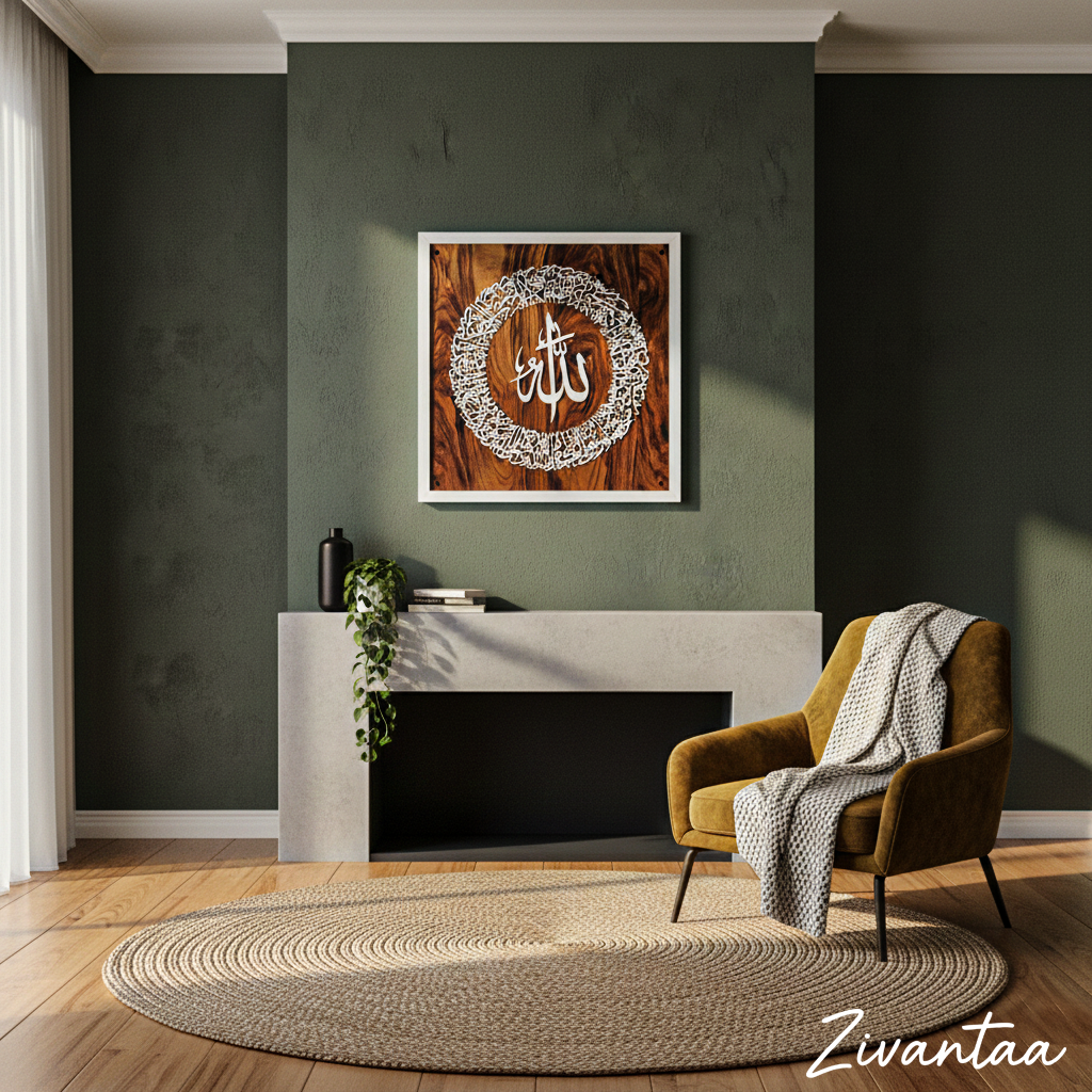 Modern interior with a green wall, round rug, and a chair with a blanket.