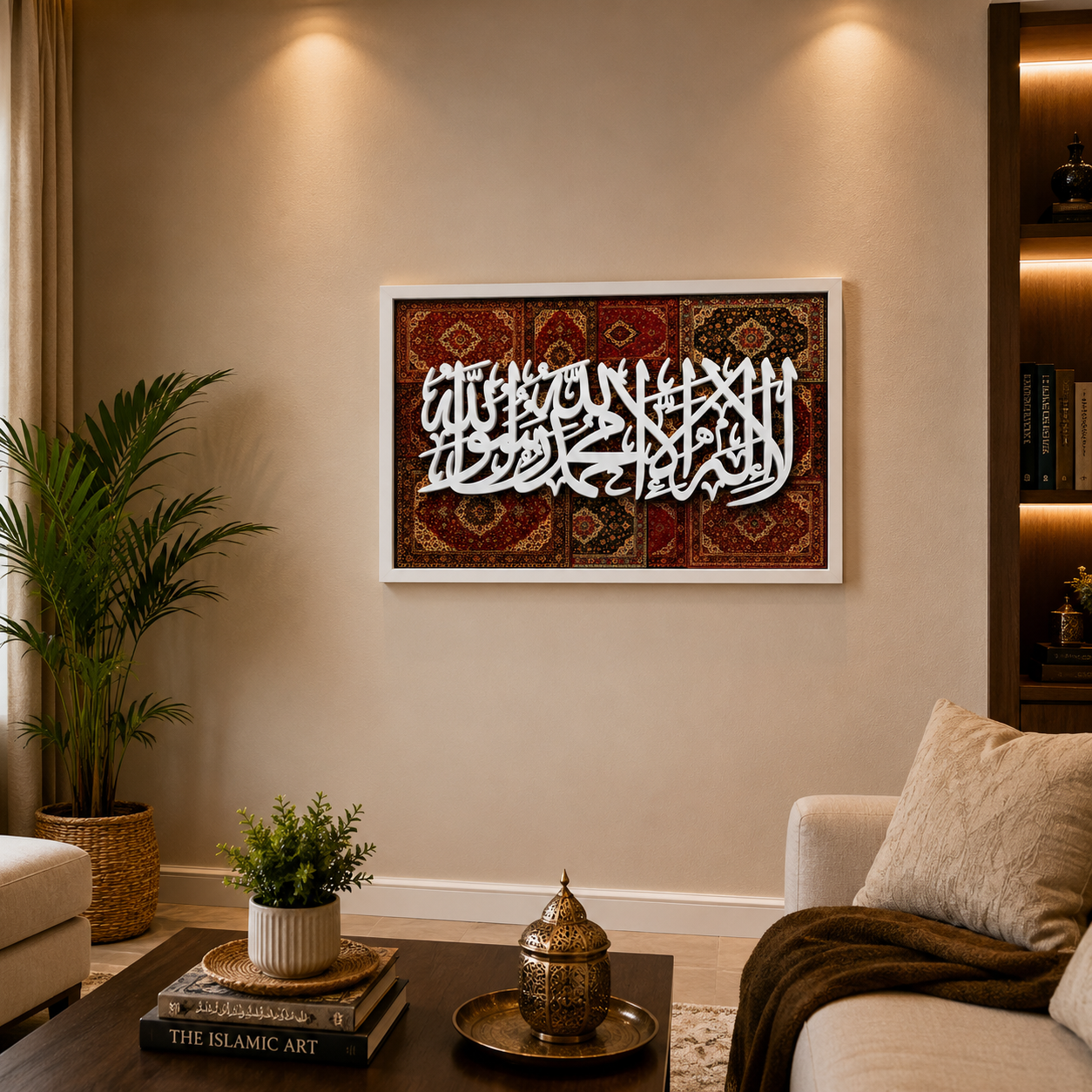 A framed Islamic wall art piece featuring white Arabic calligraphy over a red and gold patterned rug background, displayed in a modern living room setting.