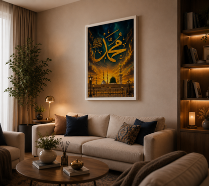 Living room with a beige sofa, coffee table, and wall art featuring Arabic calligraphy and a cityscape.