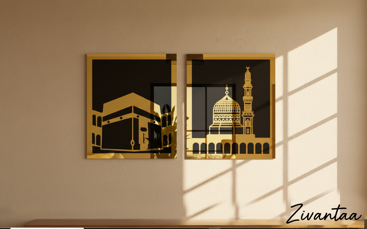 Two framed artworks of architectural landmarks on a beige wall with 'Zivantaa' branding.