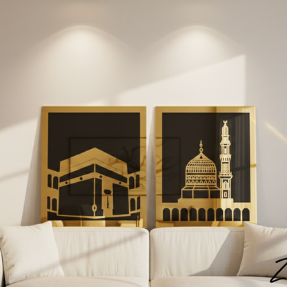 Living room with white sofa and wall art depicting architectural landmarks.