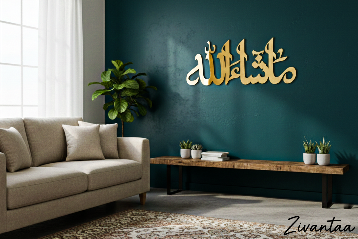 Living room with a beige sofa, wooden coffee table, and decorative wall art.