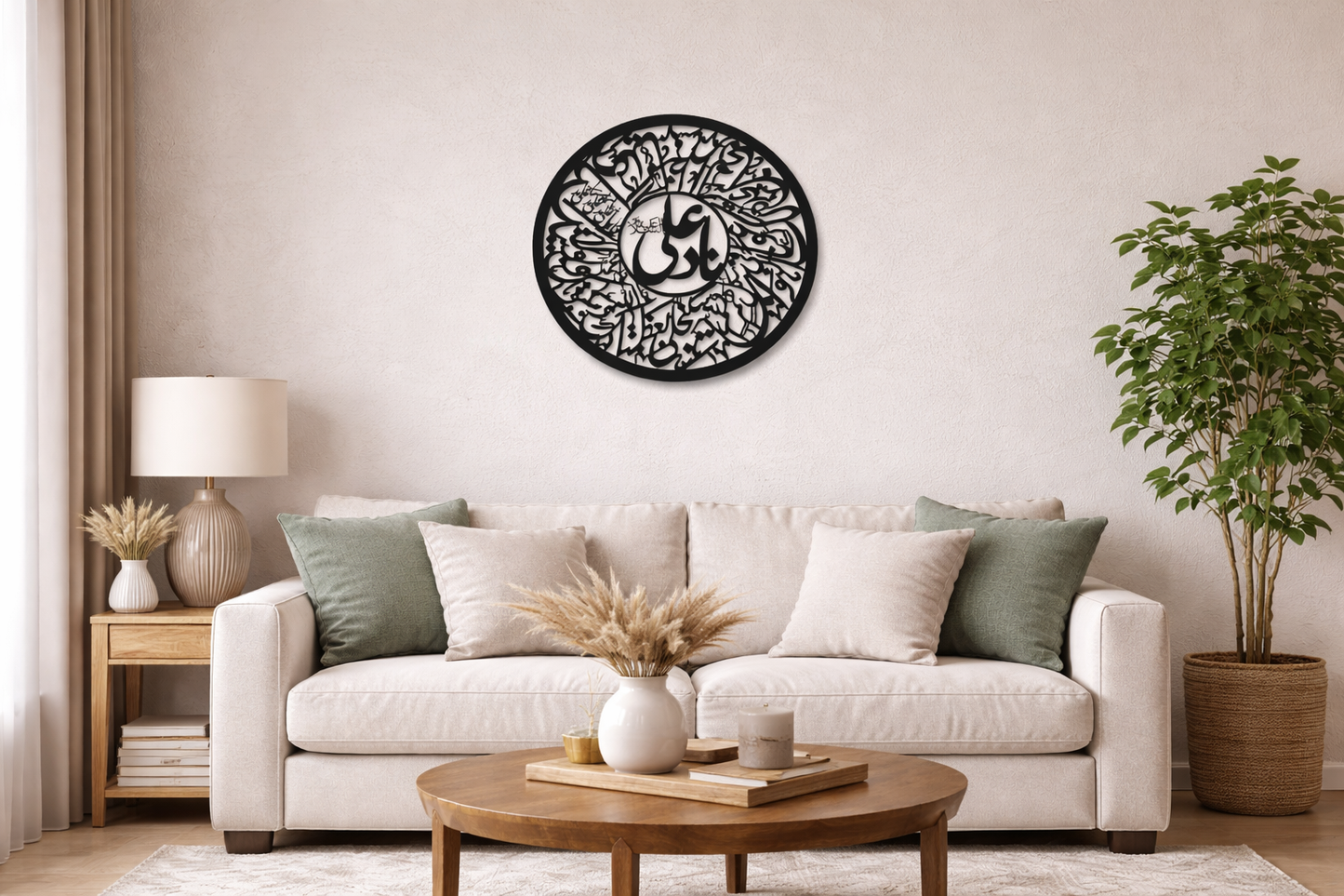 Decorative wall art piece above a sofa in a living room setting.