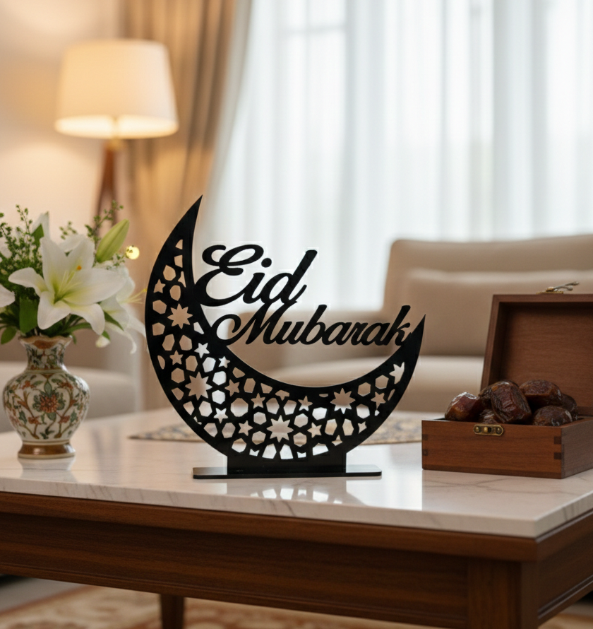 Decorative metal sign with 'Eid Mubarak' on a table with flowers and dates