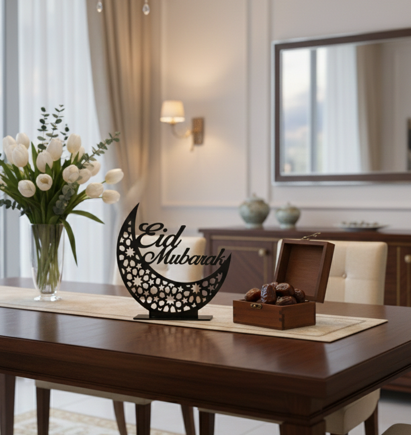 Decorative 'Eid Mubarak' sign on a table with flowers and a wooden box.