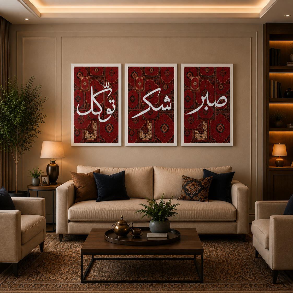 Living room with beige sofa, decorative pillows, and wall art featuring Arabic calligraphy.