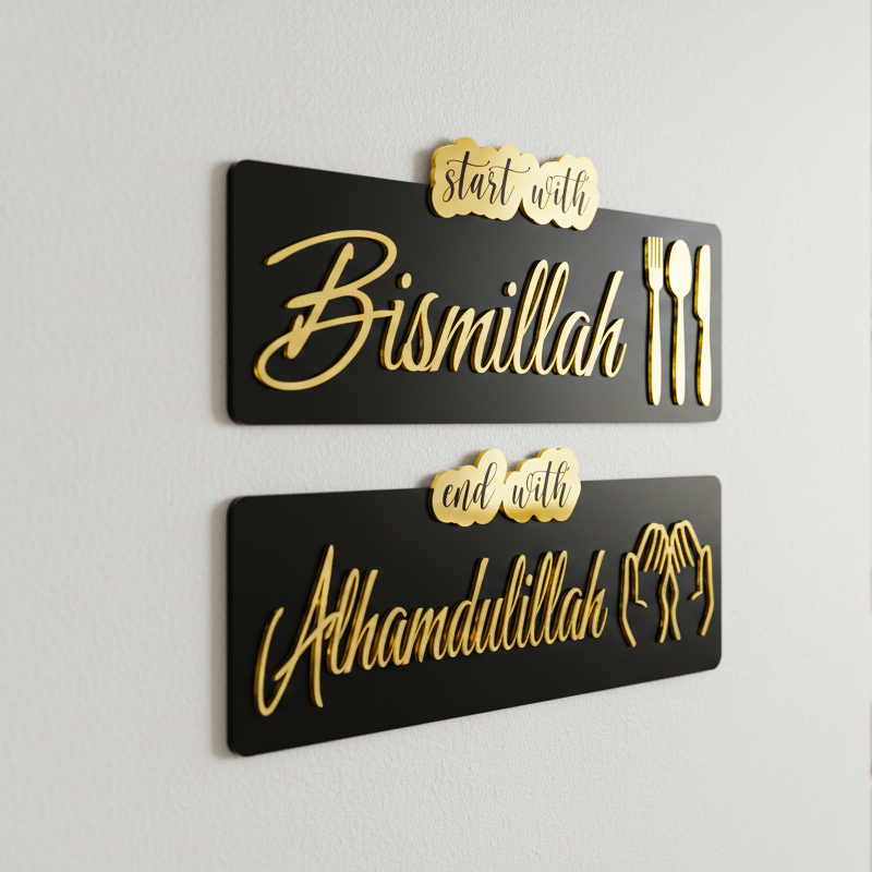 Two black signs with gold text and cutlery icons on a light gray background