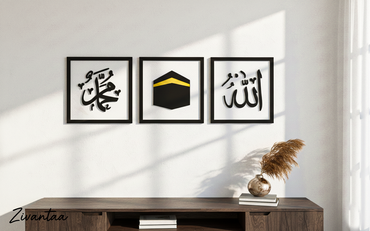 Three framed artworks on a wall 
