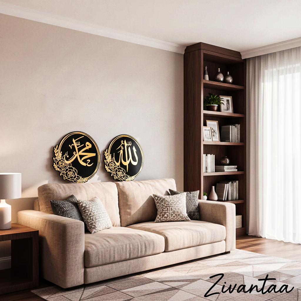 Living room with beige sofa, decorative pillows, and a bookshelf.