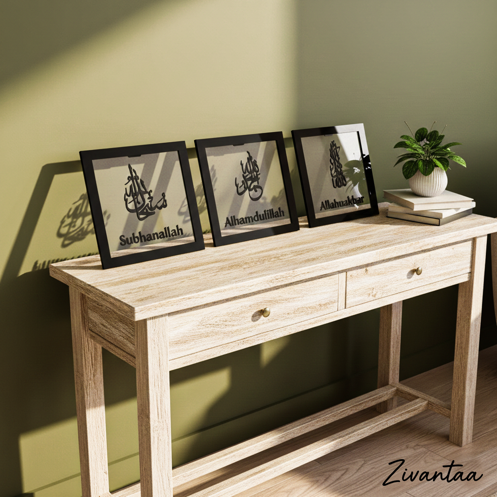 Wooden console table with framed Arabic calligraphy pieces against a green wall.