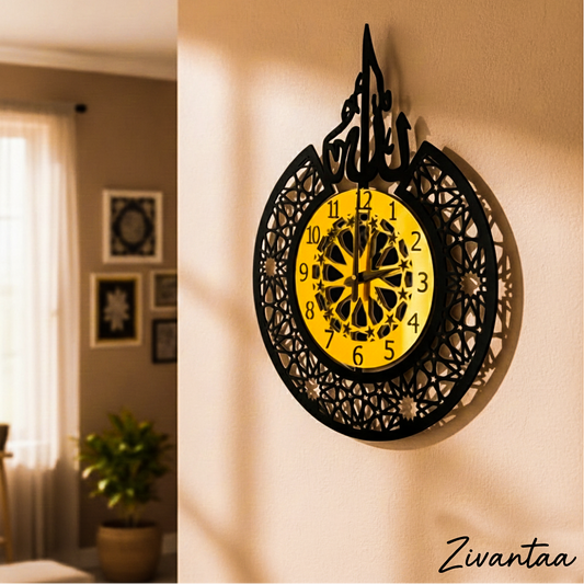 Decorative wall clock with yellow face and black intricate design on a beige wall, brand 'Zivantaa' visible.