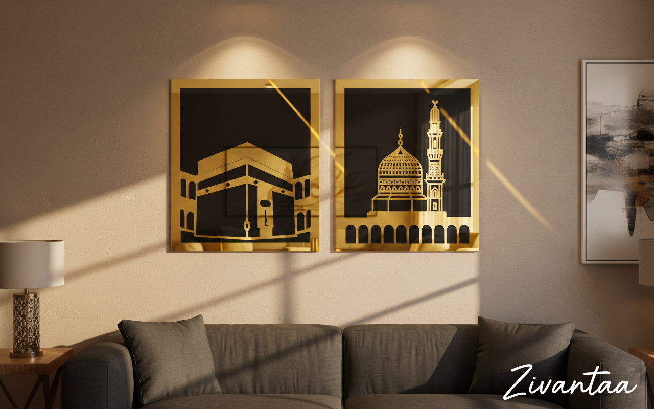 Two gold-framed artworks of religious architecture on a wall in a living room.