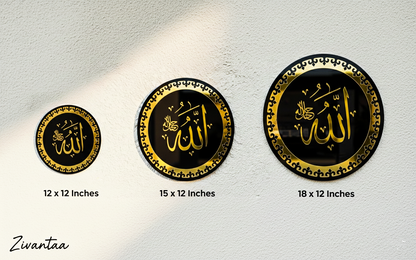 Three circular stickers with gold text on black backgrounds, displayed against a white background with dimensions indicated.