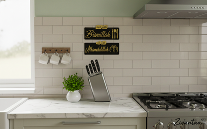 Modern kitchen with white tiled walls, marble countertop, and stainless steel appliances.