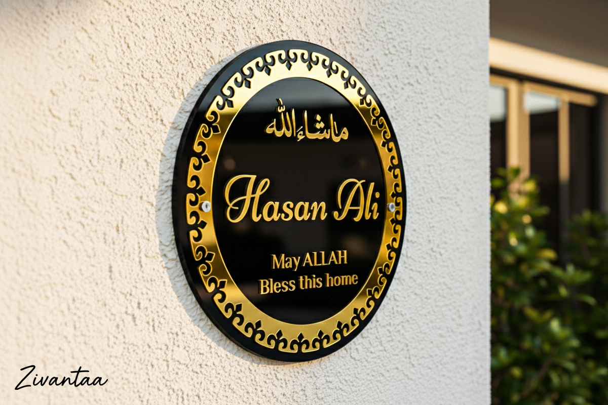 Decorative plaque with 'Hasan Ali' and 'May ALLAH Bless this home' text on a wall.