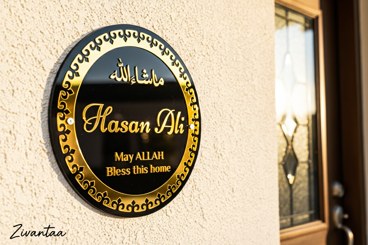 Decorative doorplate with gold text on a black background, featuring the name 'Hasan Ali' and a blessing, mounted on a wall.